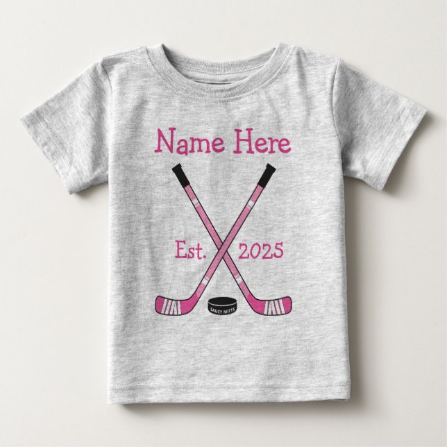 Personalised Hockey Baby Girl Name Year Born Pink T-Shirt (Front)