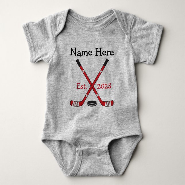 Personalised Hockey Baby Name Birth Year Born Red Bodysuit (Front)