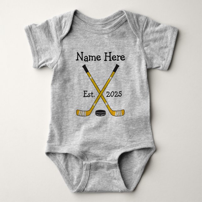 Personalised Hockey Baby Name Year Born Black Gold Baby Bodysuit (Front)