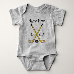 Personalised Hockey Baby Name Year Born Black Gold Bodysuit