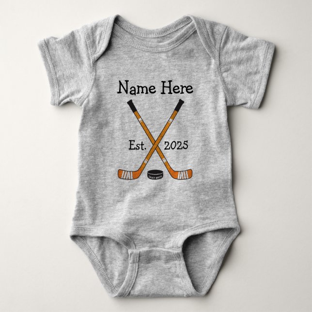 Personalised Hockey Baby Name Year Born Orange Bodysuit (Front)