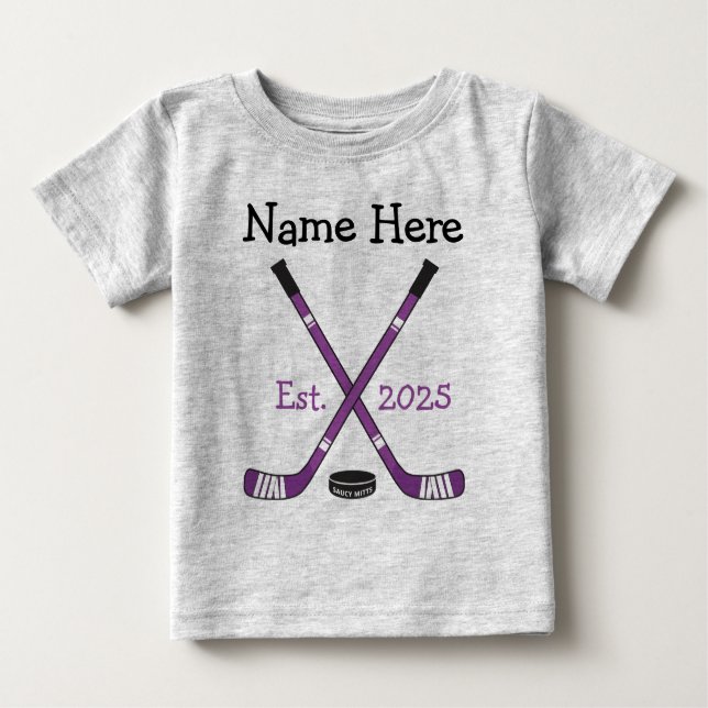 Personalised Hockey Baby Name Year Born Purple Baby T-Shirt (Front)