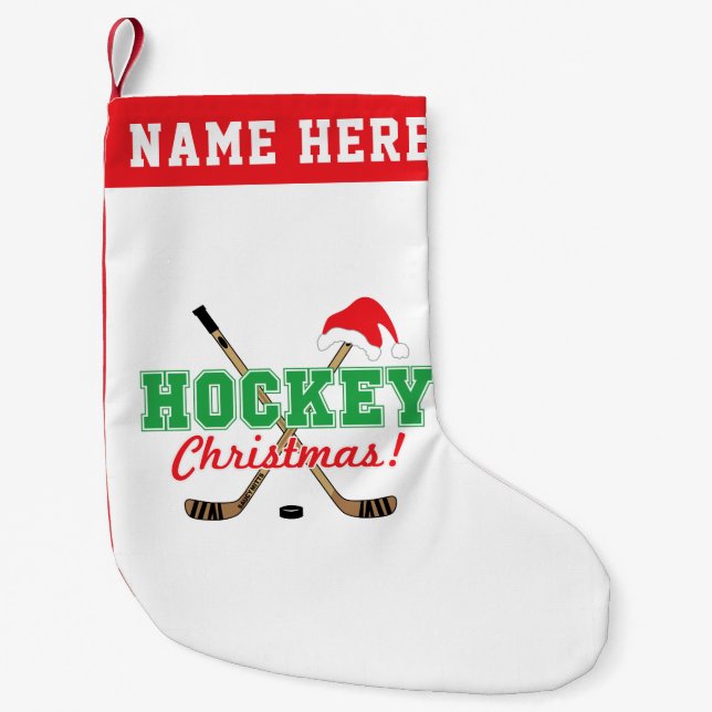 Personalised Hockey Christmas Sticks Santa Hat Small Christmas Stocking (Front)