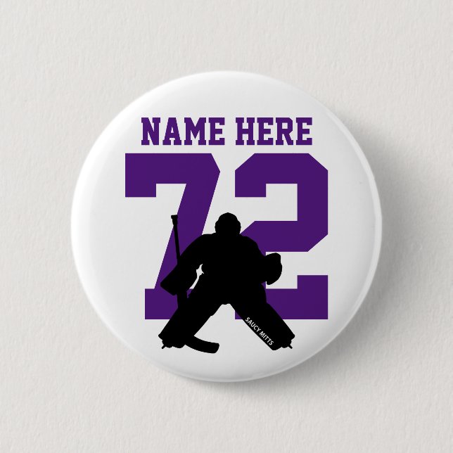 Personalised Hockey Goalie Name Number purple 6 Cm Round Badge (Front)