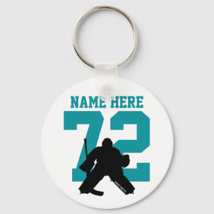 Personalised Hockey Goalie Name Number shark teal Key Ring