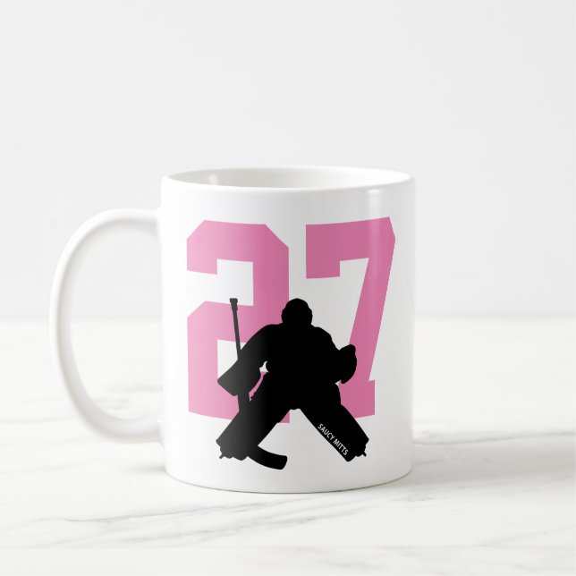 Personalised Hockey Goalie Player Number Pink Coffee Mug (Left)
