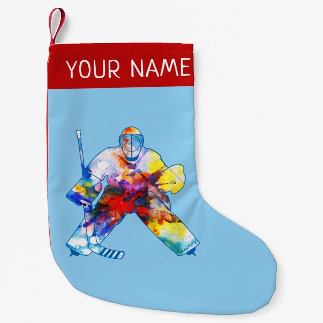 Personalised Hockey Goalie Watercolor Small Christmas Stocking (Front)