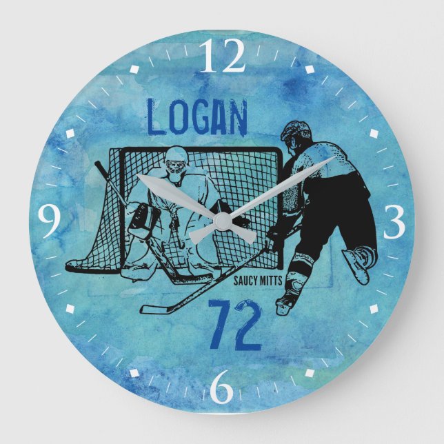 Personalised Hockey Ink Sketch Name Number on blue Large Clock (Front)
