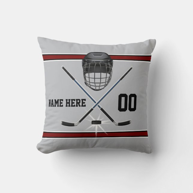 Personalised Hockey Pillow, Grey, Black, Burgundy Cushion (Front)