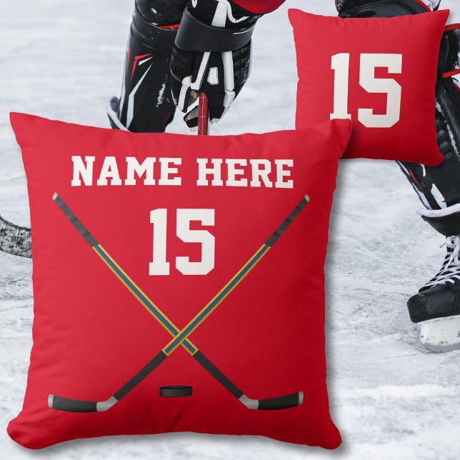 Personalised Hockey Pillow, NAME, NUMBER, COLORS Cushion (Red and White, Hockey Throw Pillow. Hockey Sticks. Hockey team gifts. Senior night Hockey ideas. )
