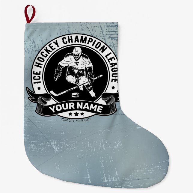 Personalised Hockey Player Ice Rink Team Athlete Large Christmas Stocking (Front)
