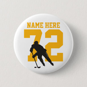 Personalised Hockey Player Name Number black gold 6 Cm Round Badge