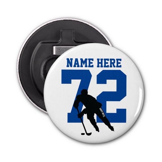 Personalised Hockey Player Name Number Blue Bottle Opener (Front)