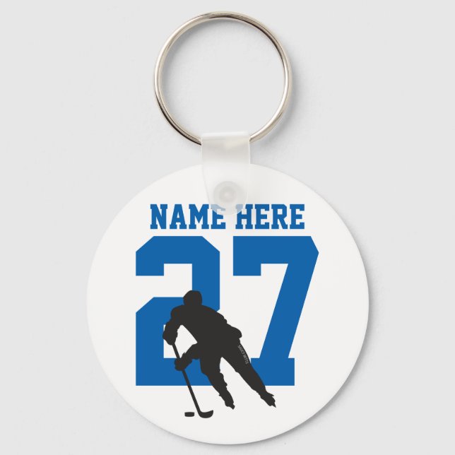Personalised Hockey Player Name Number blue Key Ring (Front)