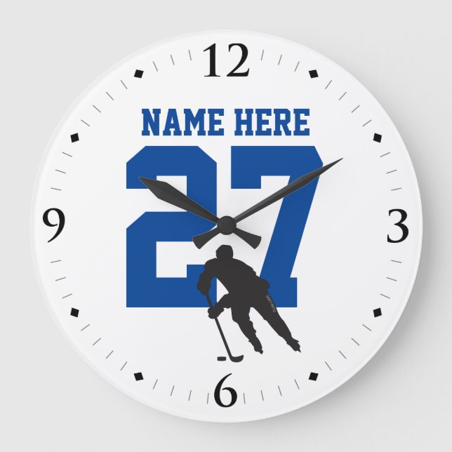 Personalised Hockey Player Name Number Blue Large Clock (Front)