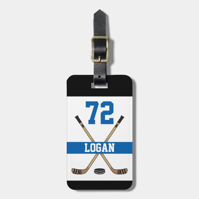 Personalised Hockey Player Name Number Blue Luggage Tag (Front Vertical)