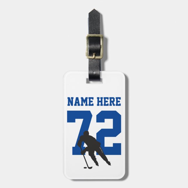 Personalised Hockey Player Name Number Blue Luggage Tag (Front Vertical)