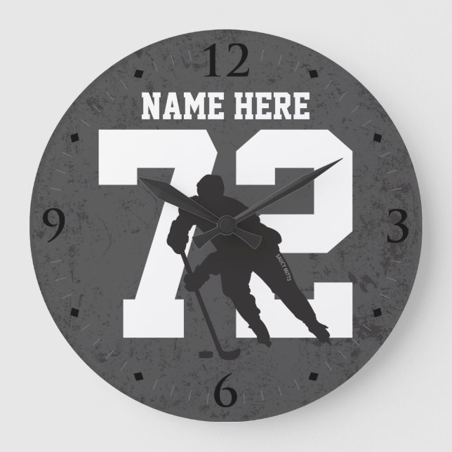 Personalised Hockey Player Name Number Dark Grey Large Clock (Front)