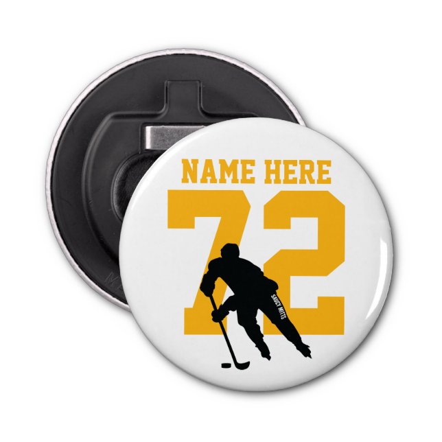 Personalised Hockey Player Name Number Gold Black Bottle Opener (Front)