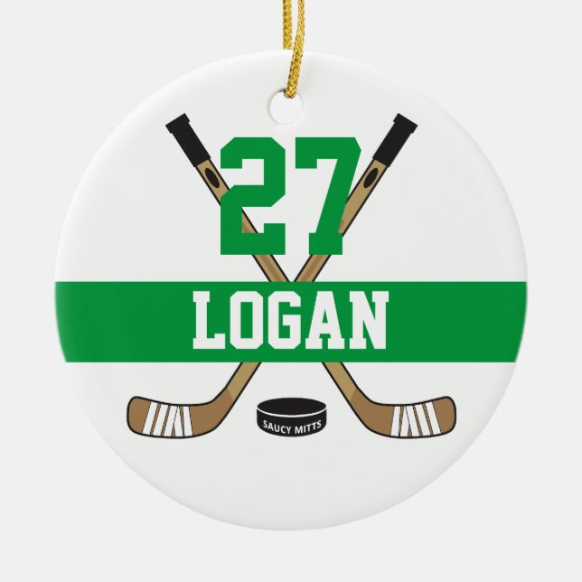 Personalised Hockey Player Name Number Green Ceramic Ornament (Front)