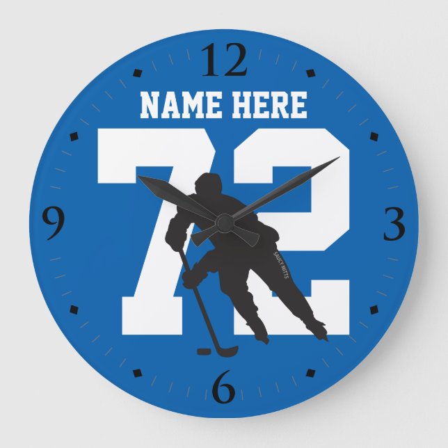 Personalised Hockey Player Name Number on Blue Large Clock (Front)