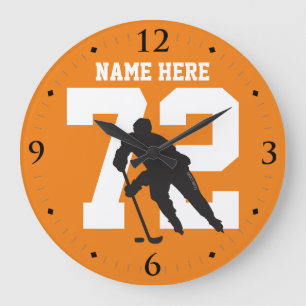 Personalised Hockey Player Name Number on Orange Large Clock
