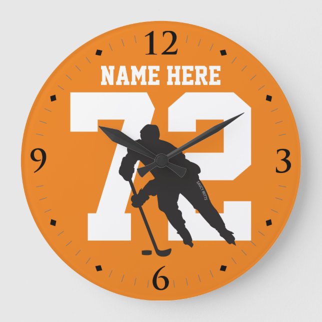 Personalised Hockey Player Name Number on Orange Large Clock (Front)