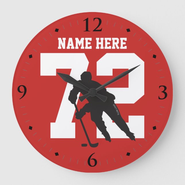 Personalised Hockey Player Name Number on Red Large Clock (Front)