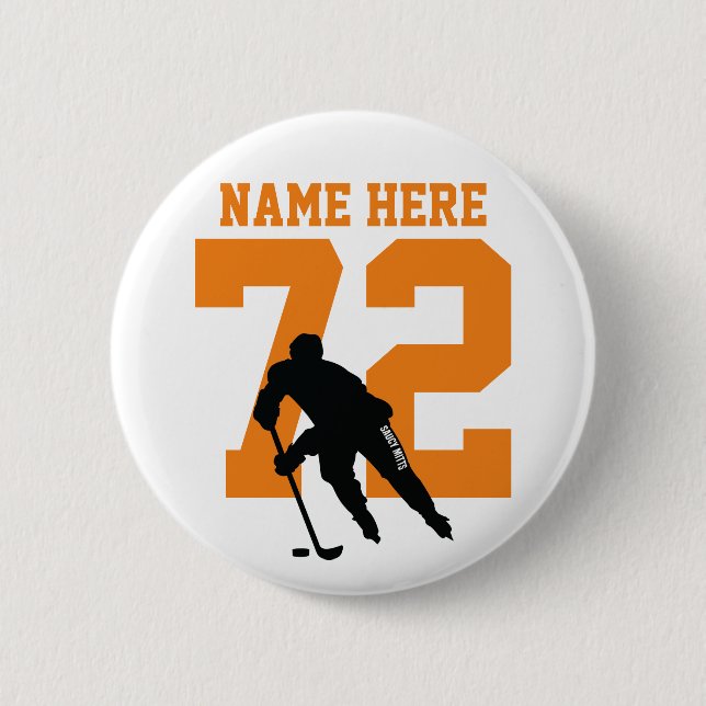 Personalised Hockey Player Name Number Orange 6 Cm Round Badge (Front)