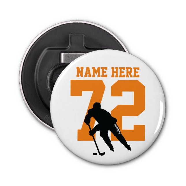Personalised Hockey Player Name Number Orange Bottle Opener (Front)