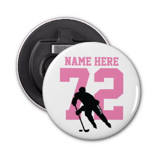 Personalised Hockey Player Name Number Pink Bottle Opener