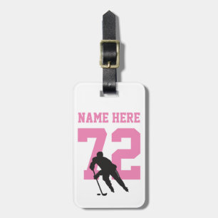 Personalised Hockey Player Name Number Pink Girls Luggage Tag