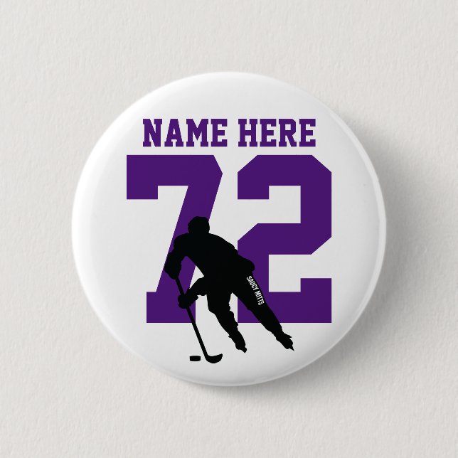 Personalised Hockey Player Name Number Purple 6 Cm Round Badge (Front)