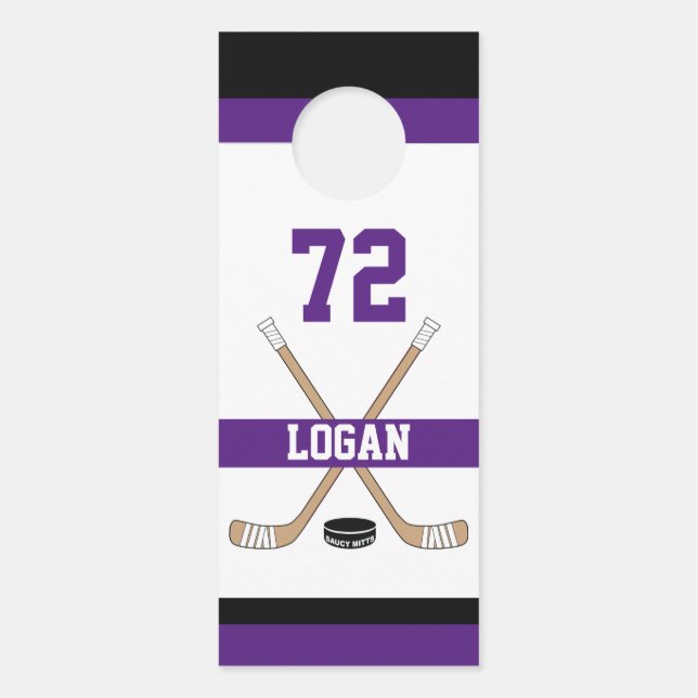 Personalised Hockey Player Name Number Purple Room Door Hanger (Front)