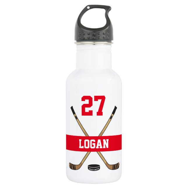 Personalised Hockey Player Name Number Red 532 Ml Water Bottle (Front)