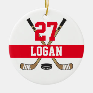 Personalised Hockey Player Name Number Red Ceramic Ornament