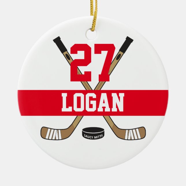 Personalised Hockey Player Name Number Red Ceramic Ornament (Front)