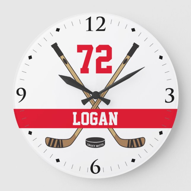 Personalised Hockey Player Name Number Red Large Clock (Front)