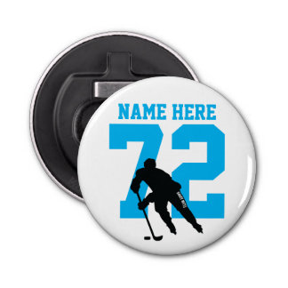 Personalised Hockey Player Name Number Turquoise Bottle Opener