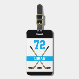 Personalised Hockey Player Name Number Turquoise Luggage Tag