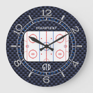 Personalised Hockey Rink Diagram Blue Carbon Style Large Clock
