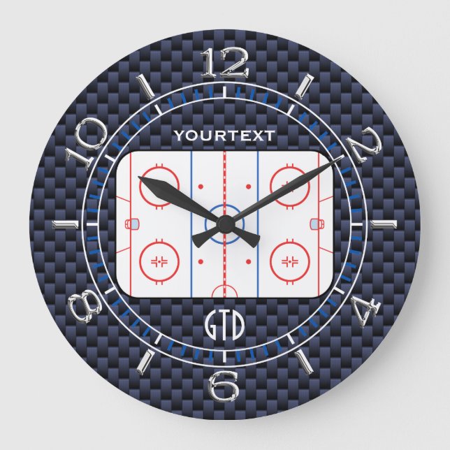 Personalised Hockey Rink Diagram Blue Carbon Style Large Clock (Front)