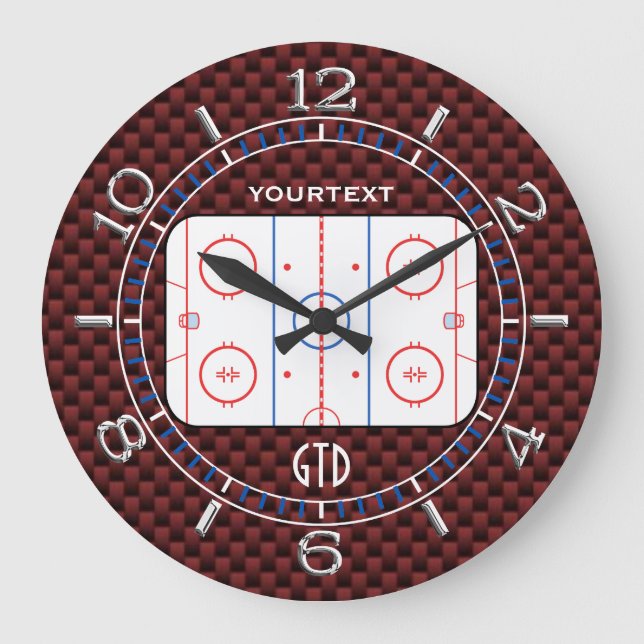 Personalised Hockey Rink Diagram Red Carbon Style Large Clock (Front)