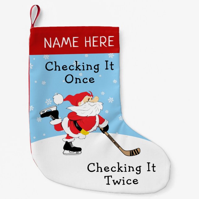 Personalised Hockey Santa Checking It Twice Small Christmas Stocking (Front)