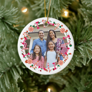 Personalised Holiday Candy Border Photo Ceramic Ornament