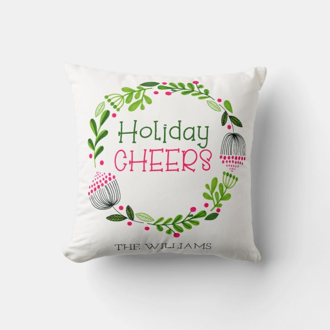 Personalised Holiday Cheers Wreath Pink & Green Cushion (Front)