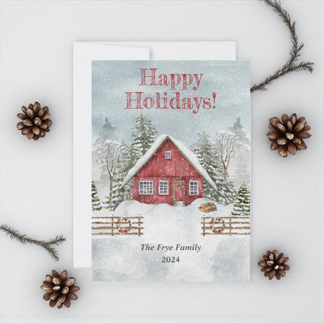 Personalised Holiday Greeting Christmas Card (Happy holidays greeting cards with red winter cottage)