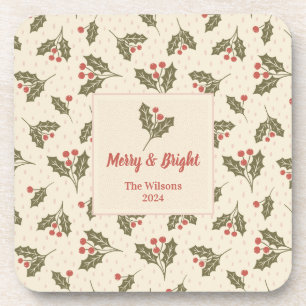 Personalised holiday Holly berry - merry & bright Coaster