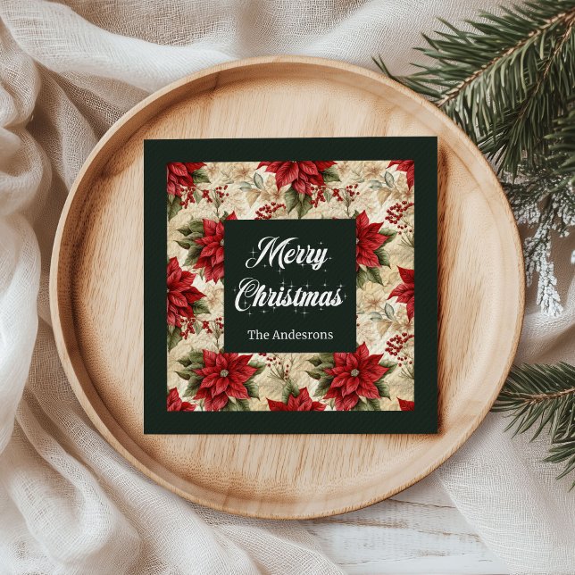 Personalised Holiday Napkins Red Poinsettia Print (Personalized Holiday Napkins Red Poinsettia Print)