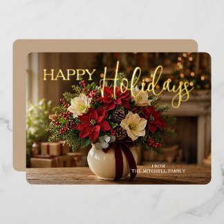 Personalised Holiday Poinsettia Bouquet Photo Gold